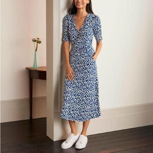 Boden Jane Jersey Midi Dress – Blue Depths Dot Print, V-Neck, Size 2